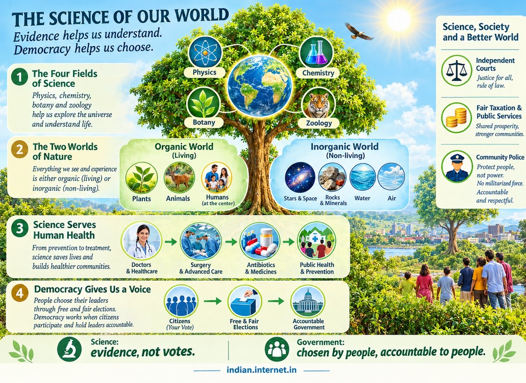 Infographic showing the four fields of science, living and non-living nature, healthcare, democracy and accountable public institutions